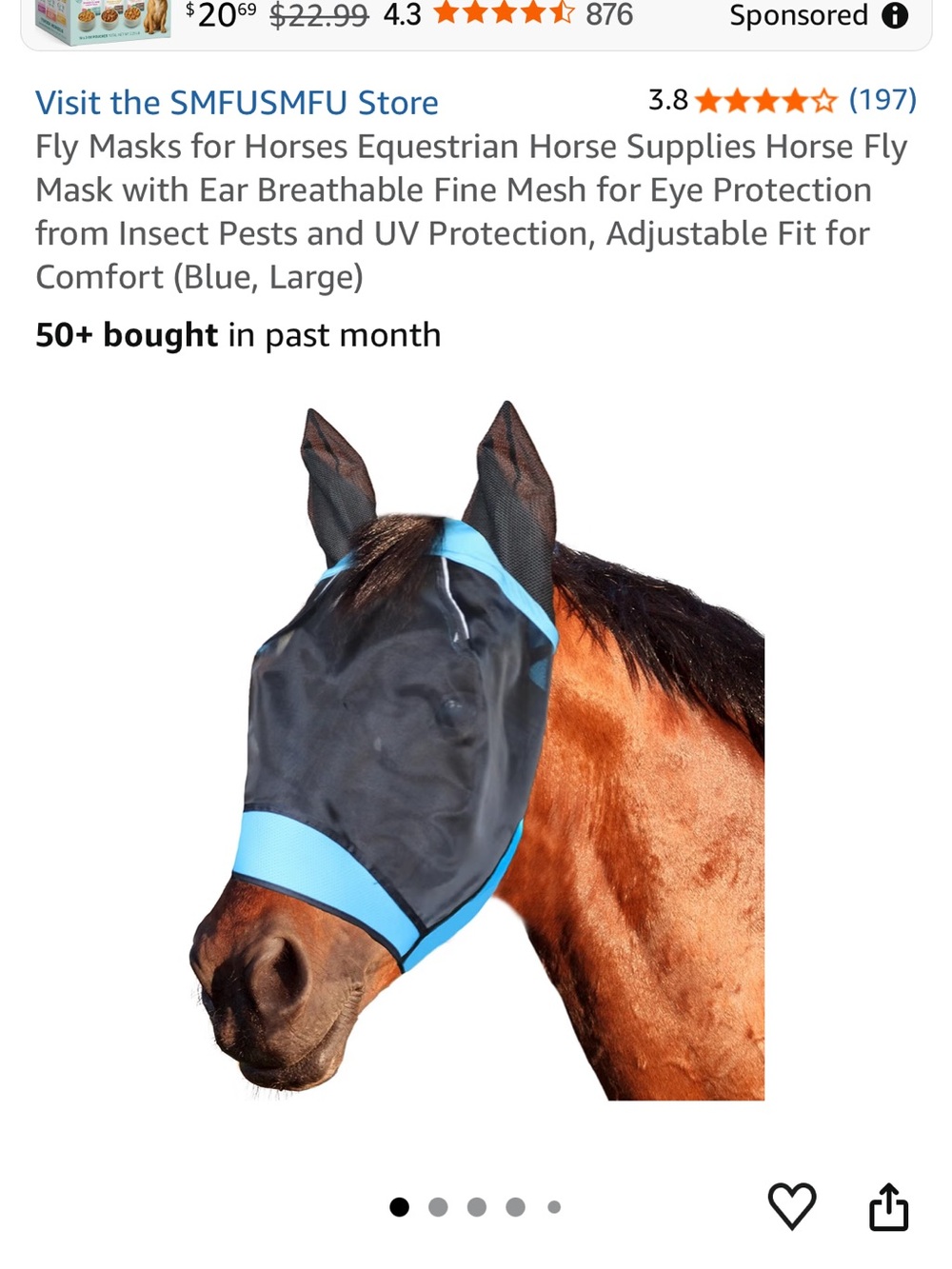 Breathable Blue Horse Fly Mask with Ear Coverage